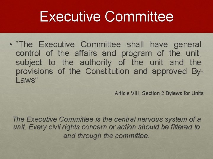 Executive Committee • “The Executive Committee shall have general control of the affairs and