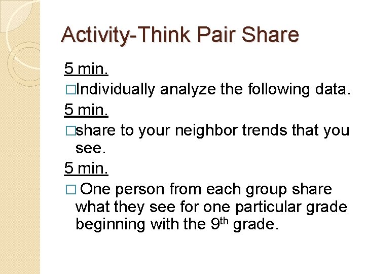 Activity-Think Pair Share 5 min. �Individually analyze the following data. 5 min. �share to
