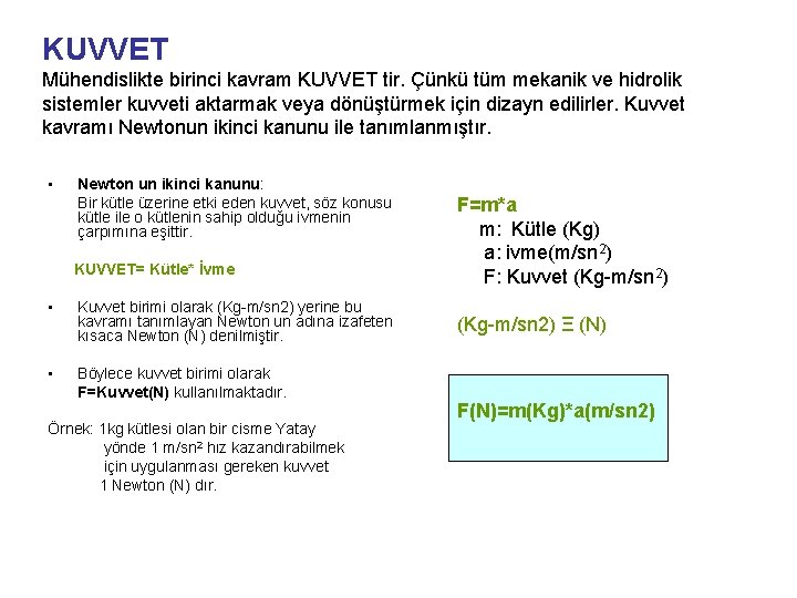 KUVVET Mühendislikte birinci kavram KUVVET tir. Çünkü tüm mekanik ve hidrolik sistemler kuvveti aktarmak