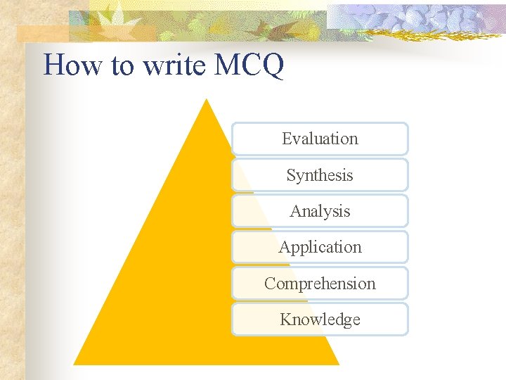 How to write MCQ Evaluation Synthesis Analysis Application Comprehension Knowledge 