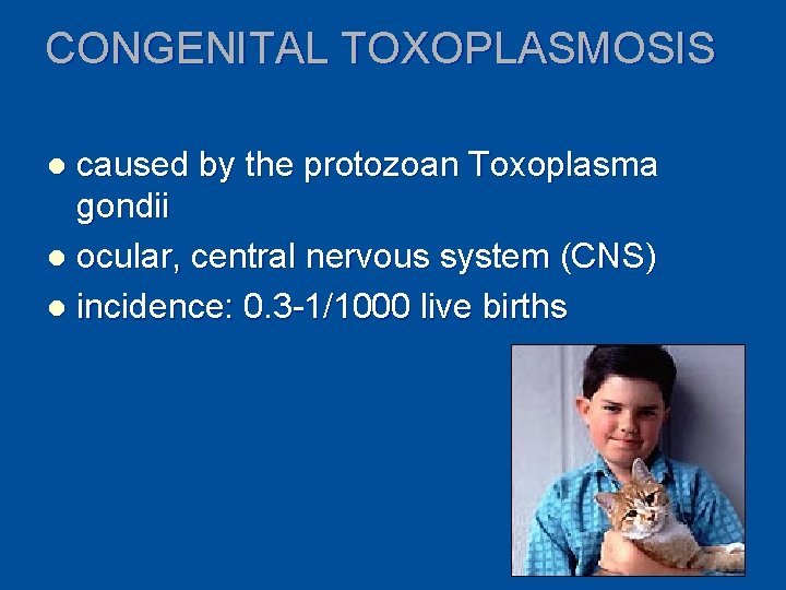 CONGENITAL TOXOPLASMOSIS caused by the protozoan Toxoplasma gondii l ocular, central nervous system (CNS)