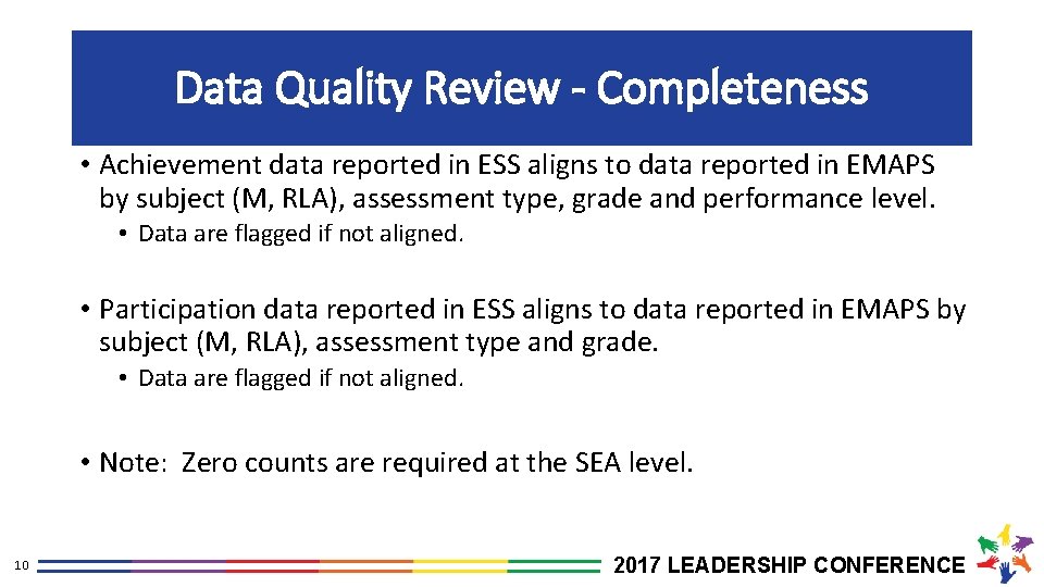 Data Quality Review - Completeness • Achievement data reported in ESS aligns to data