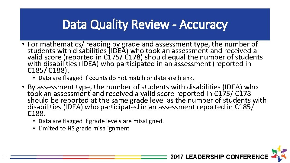 Data Quality Review - Accuracy • For mathematics/ reading by grade and assessment type,