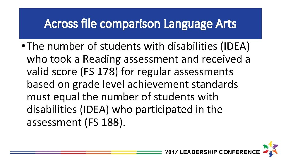 Across file comparison Language Arts • The number of students with disabilities (IDEA) who