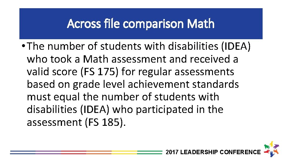 Across file comparison Math • The number of students with disabilities (IDEA) who took