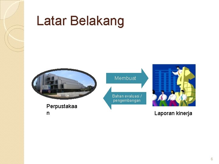 Latar Belakang Membuat Bahan evaluasi / pengembangan Perpustakaa n Laporan kinerja 6 