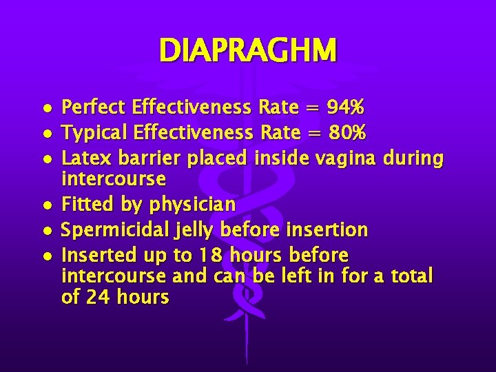 DIAPRAGHM l l l Perfect Effectiveness Rate = 94% Typical Effectiveness Rate = 80%