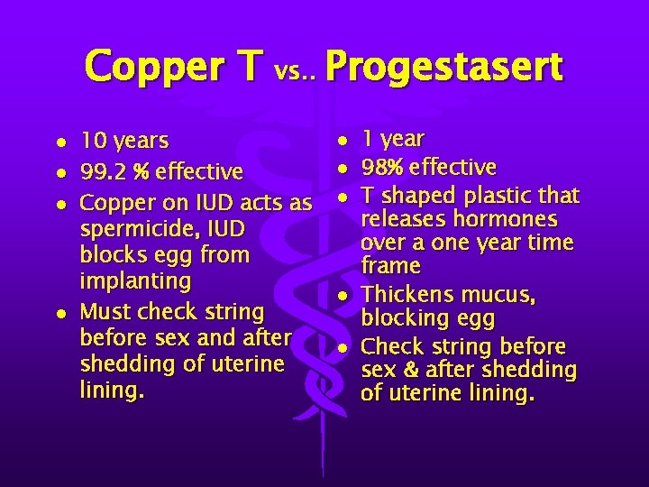 Copper T vs. . Progestasert l l 10 years 99. 2 % effective Copper