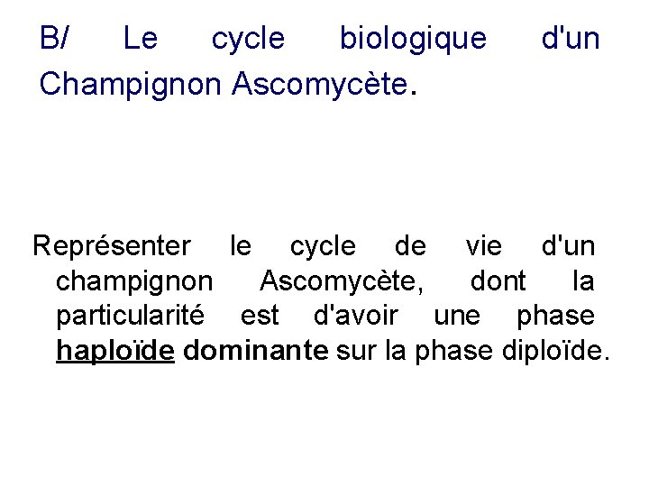 B/ Le cycle biologique Champignon Ascomycète. d'un Représenter le cycle de vie d'un champignon