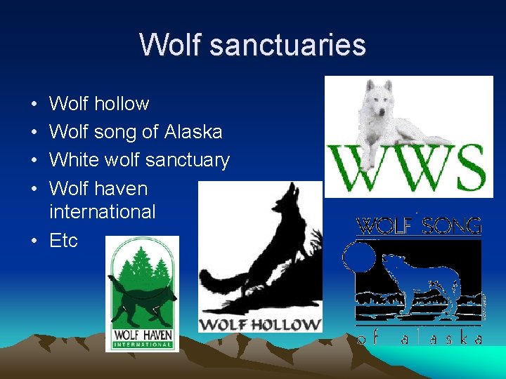 Wolf sanctuaries • • Wolf hollow Wolf song of Alaska White wolf sanctuary Wolf