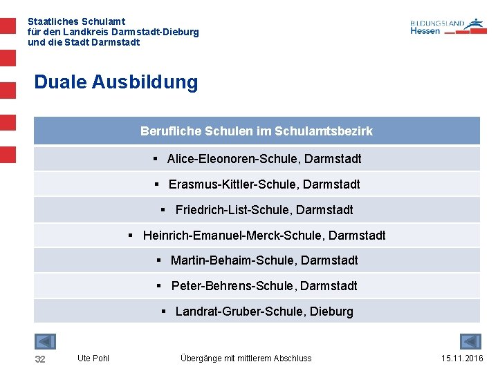 Staatliches Schulamt für den Landkreis Darmstadt-Dieburg und die Stadt Darmstadt Duale Ausbildung Berufliche Schulen