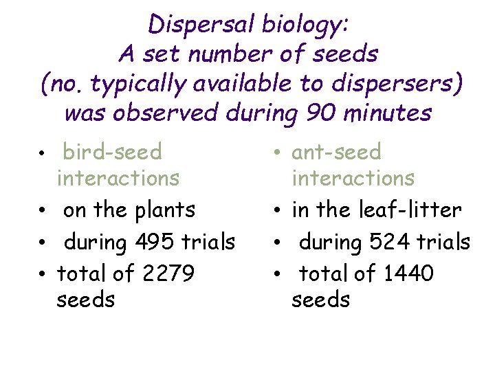 Dispersal biology: A set number of seeds (no. typically available to dispersers) was observed