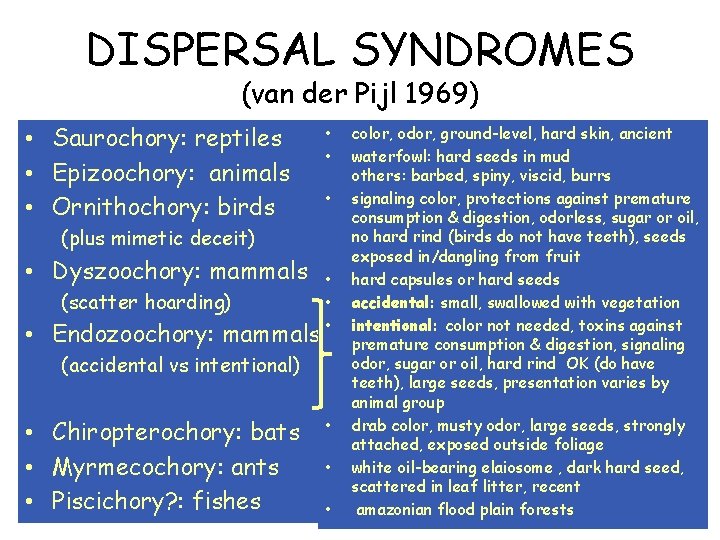 DISPERSAL SYNDROMES (van der Pijl 1969) • Saurochory: reptiles • Epizoochory: animals • Ornithochory: