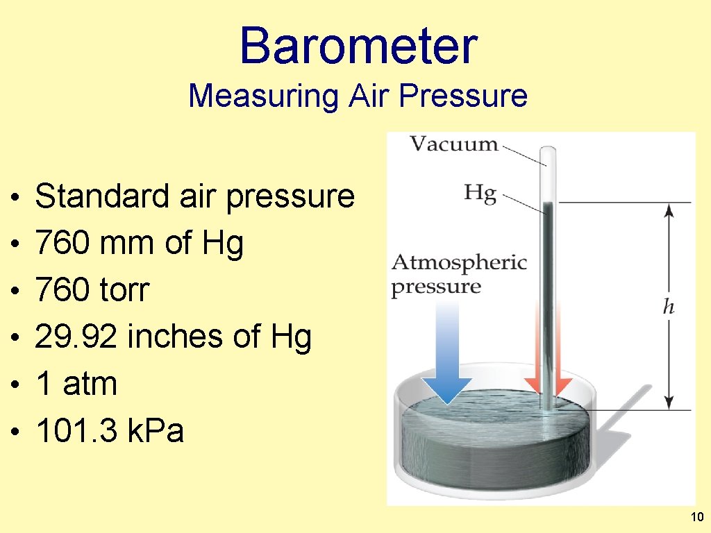 Barometer Measuring Air Pressure • Standard air pressure • 760 mm of Hg •
