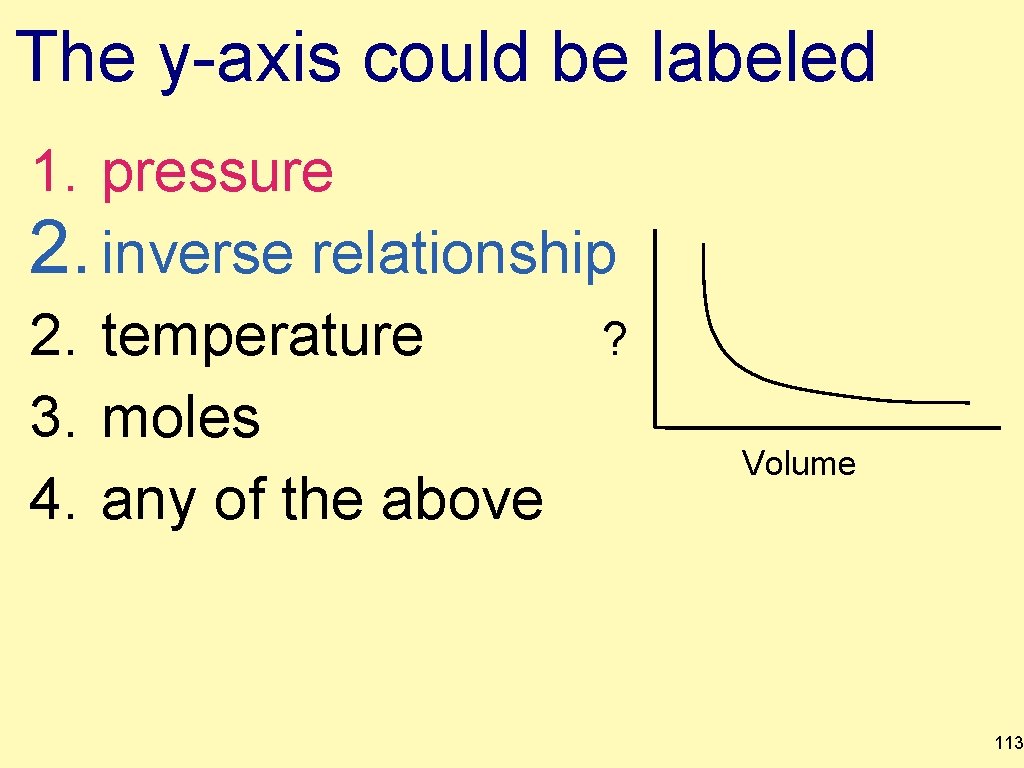 The y-axis could be labeled 1. pressure 2. inverse relationship ? 2. temperature 3. The y-axis could be labeled 1. pressure 2. inverse relationship ? 2. temperature 3.