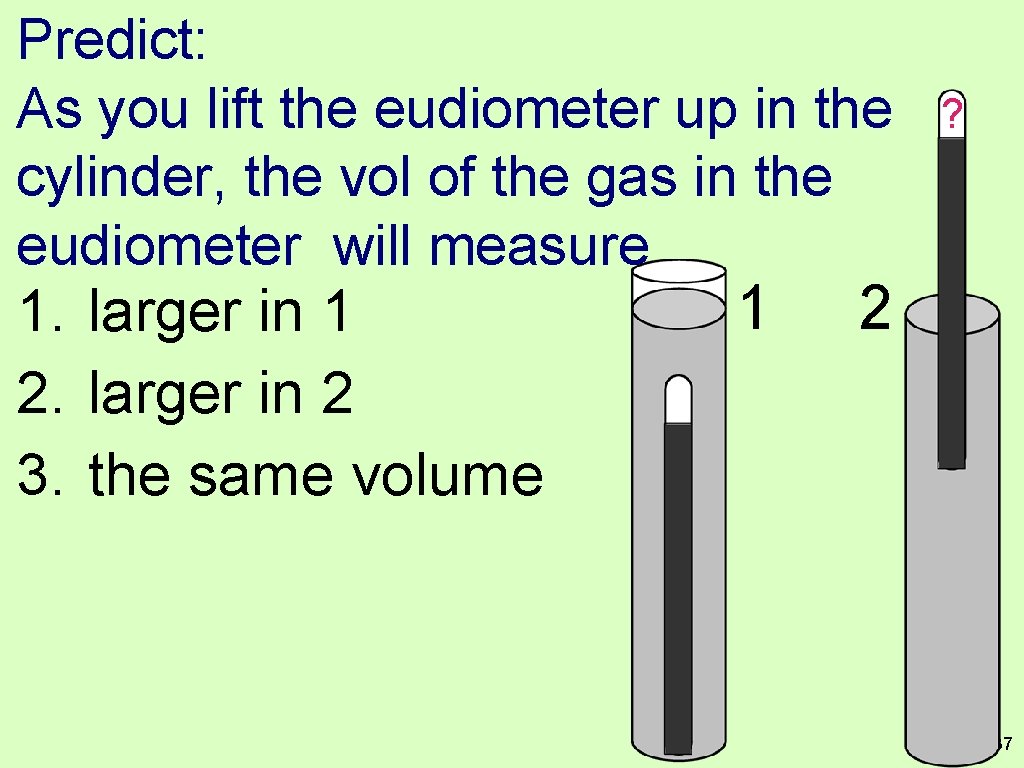 Predict: As you lift the eudiometer up in the cylinder, the vol of the