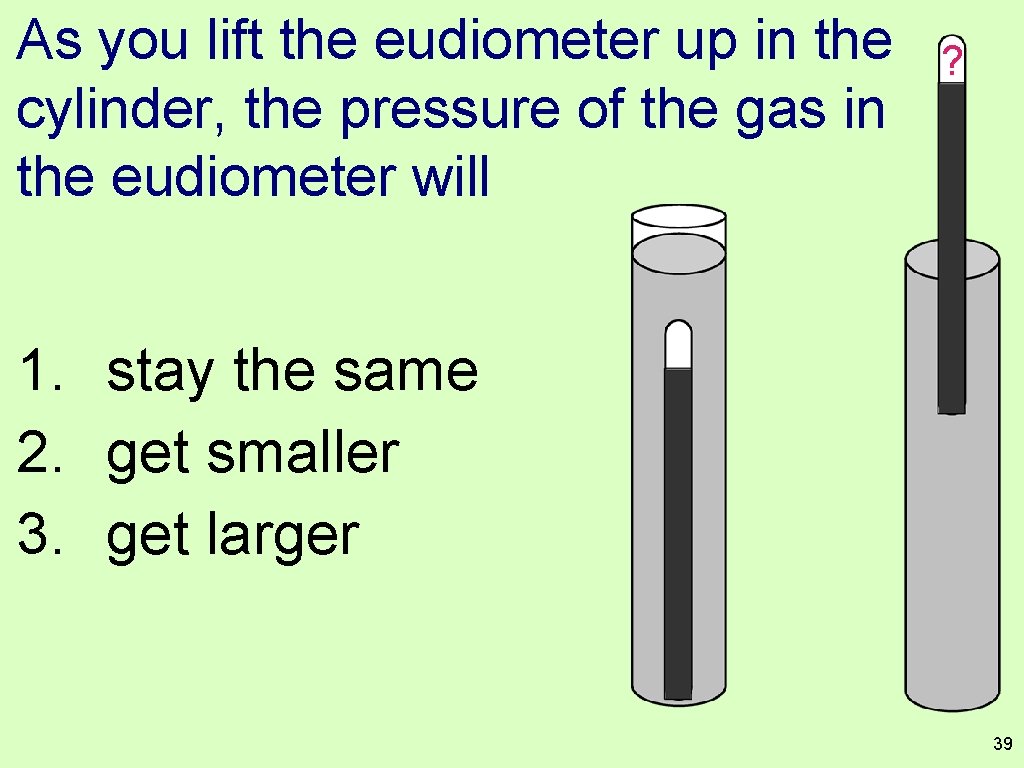 As you lift the eudiometer up in the cylinder, the pressure of the gas