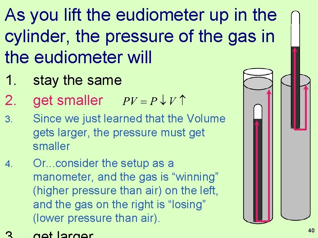 As you lift the eudiometer up in the cylinder, the pressure of the gas