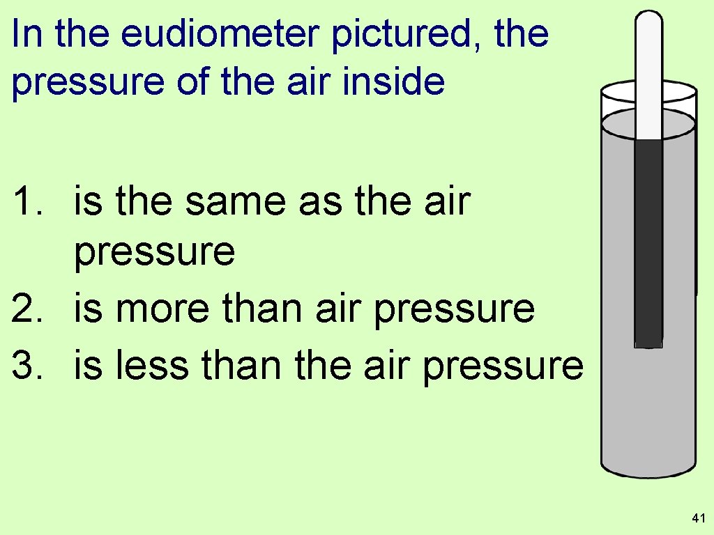 In the eudiometer pictured, the pressure of the air inside 1. is the same