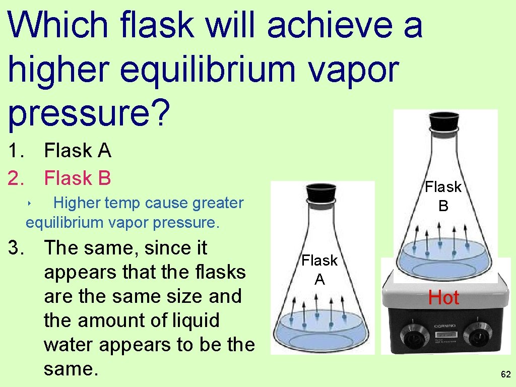 Which flask will achieve a higher equilibrium vapor pressure? 1. Flask A 2. Flask
