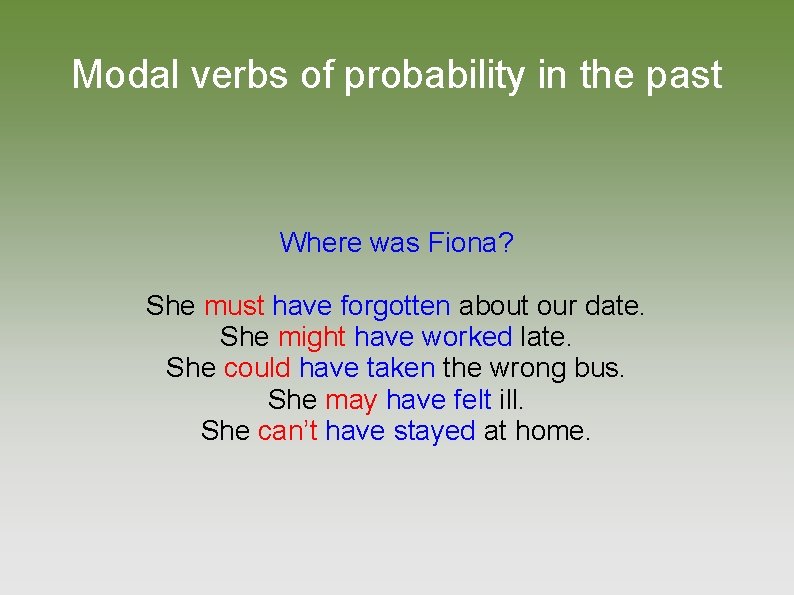 Modal verbs of probability in the past Where was Fiona? She must have forgotten