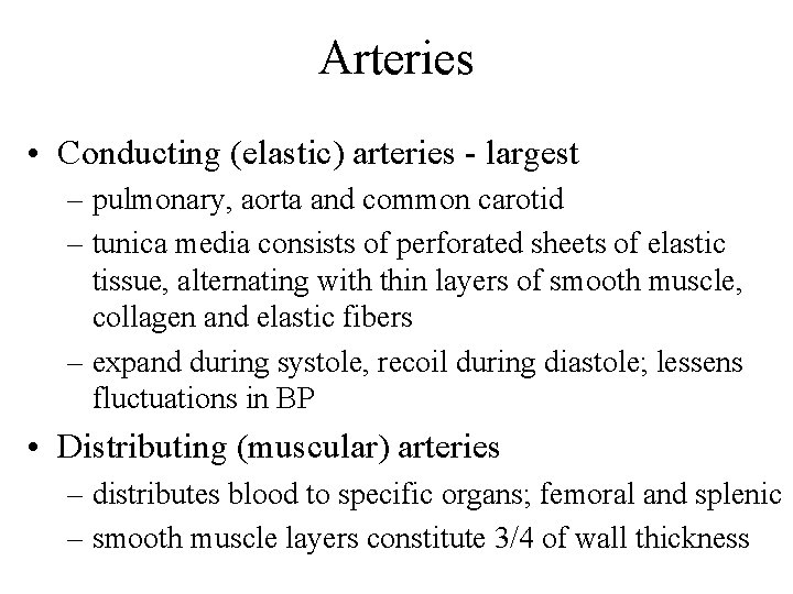 Arteries • Conducting (elastic) arteries - largest – pulmonary, aorta and common carotid –