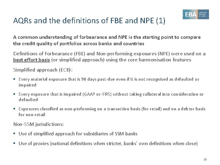 AQRs and the definitions of FBE and NPE (1) A common understanding of forbearance
