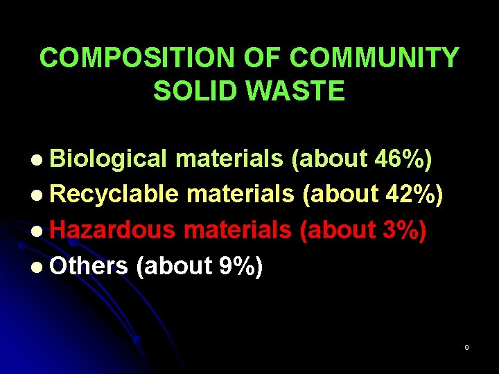 COMPOSITION OF COMMUNITY SOLID WASTE l Biological materials (about 46%) l Recyclable materials (about