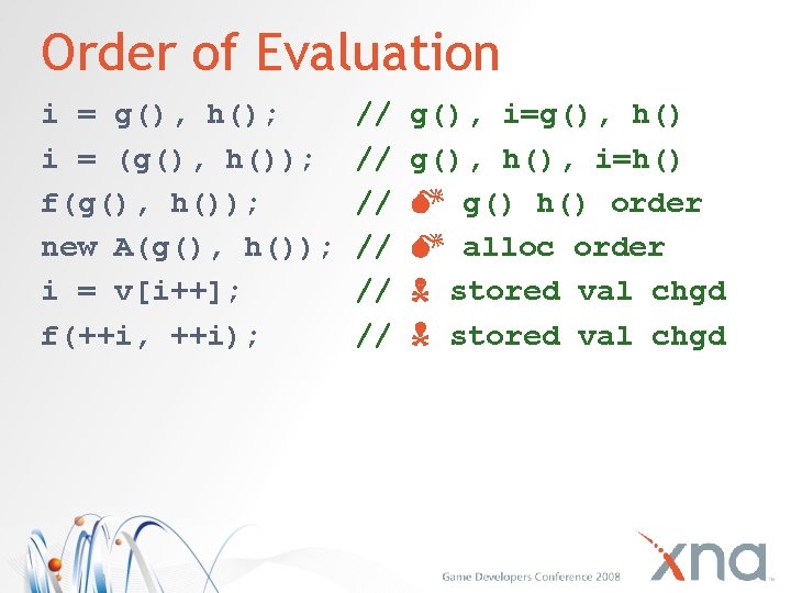 Order of Evaluation i = g(), h(); i = (g(), h()); f(g(), h()); new