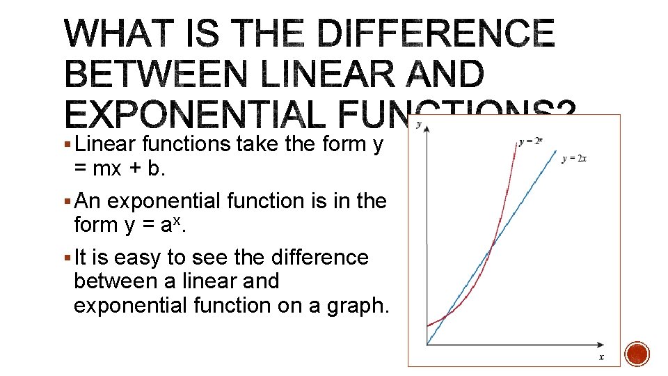 § Linear functions take the form y = mx + b. § An exponential