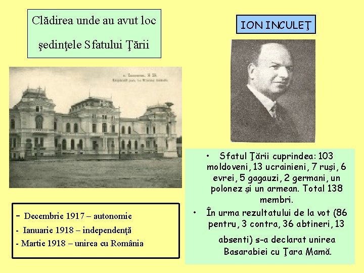 Clădirea unde au avut loc ION INCULEŢ şedinţele Sfatului Ţării - Decembrie 1917 –