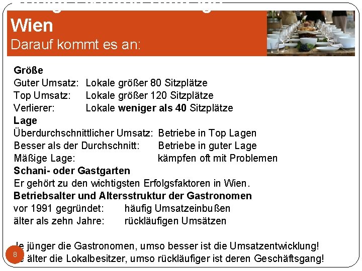Erfolgsfaktoren Umfrage Wien Darauf kommt es an: Größe Guter Umsatz: Lokale größer 80 Sitzplätze Erfolgsfaktoren Umfrage Wien Darauf kommt es an: Größe Guter Umsatz: Lokale größer 80 Sitzplätze
