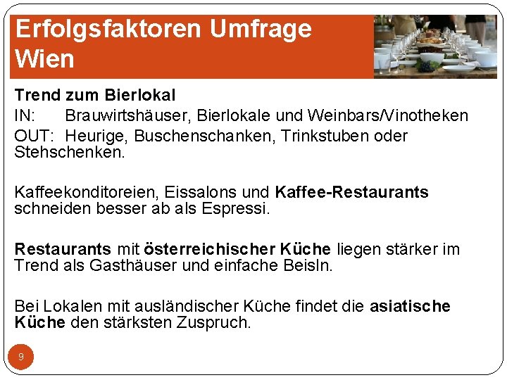 Erfolgsfaktoren Umfrage Wien Trend zum Bierlokal IN: Brauwirtshäuser, Bierlokale und Weinbars/Vinotheken OUT: Heurige, Buschenschanken, Erfolgsfaktoren Umfrage Wien Trend zum Bierlokal IN: Brauwirtshäuser, Bierlokale und Weinbars/Vinotheken OUT: Heurige, Buschenschanken,