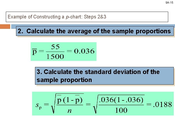 9 A-15 Example of Constructing a p-chart: Steps 2&3 2. Calculate the average of