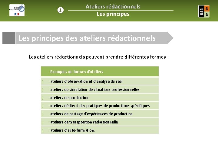 ❶ Ateliers rédactionnels Les principes des ateliers rédactionnels Les ateliers rédactionnels peuvent prendre différentes