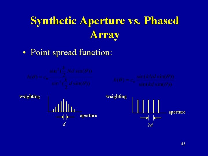 Synthetic Aperture vs. Phased Array • Point spread function: weighting aperture d 2 d