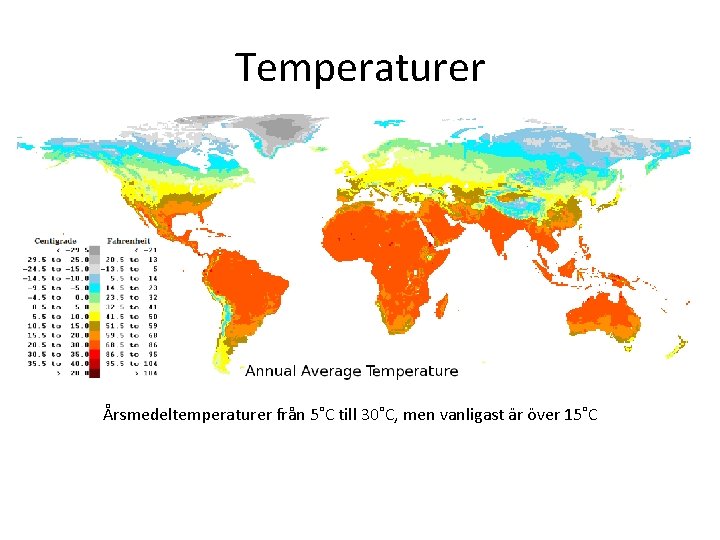 Temperaturer Årsmedeltemperaturer från 5˚C till 30˚C, men vanligast är över 15˚C 