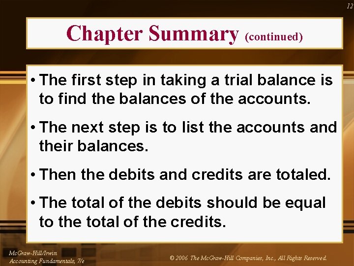 12 Chapter Summary (continued) • The first step in taking a trial balance is