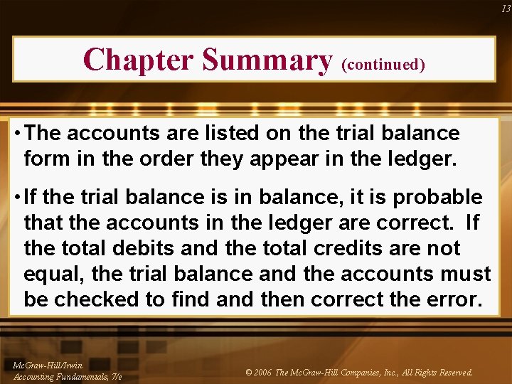 13 Chapter Summary (continued) • The accounts are listed on the trial balance form