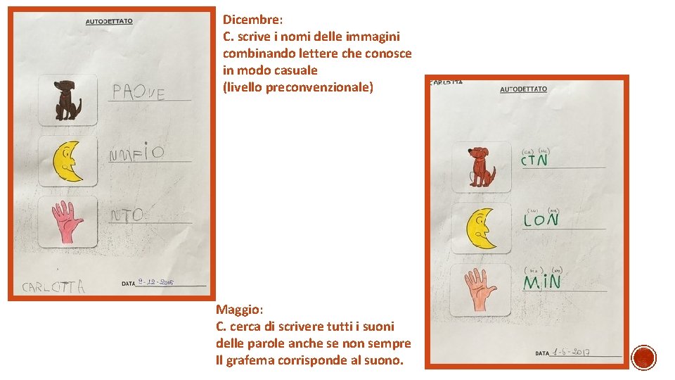 Dicembre: C. scrive i nomi delle immagini combinando lettere che conosce in modo casuale