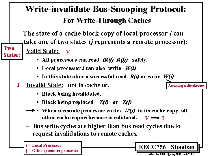 Write-invalidate Bus-Snooping Protocol: For Write-Through Caches Two States: I The state of a cache