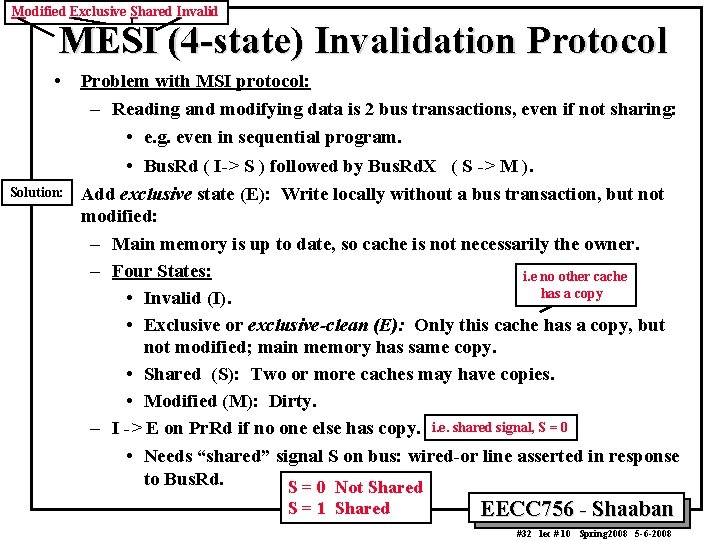 Modified Exclusive Shared Invalid MESI (4 -state) Invalidation Protocol • Solution: • Problem with