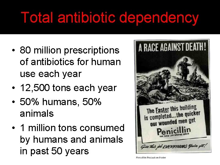 Total antibiotic dependency • 80 million prescriptions of antibiotics for human use each year