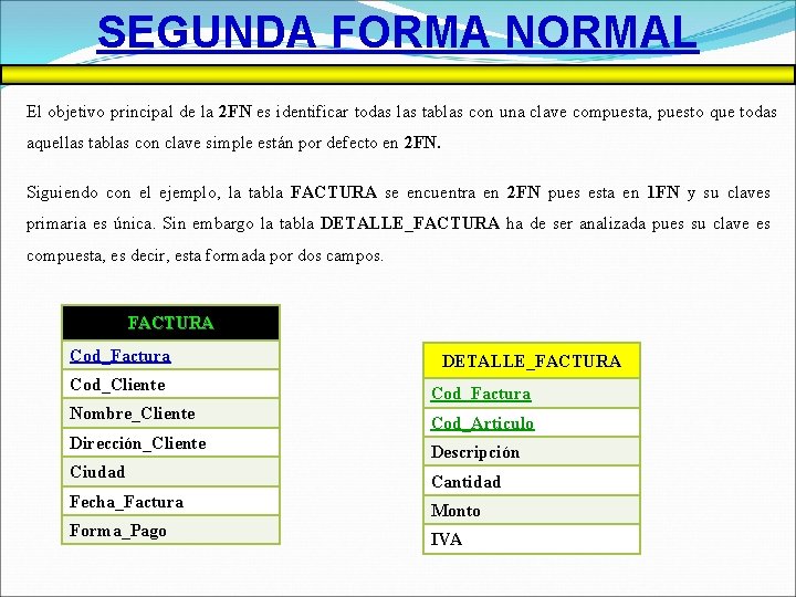 SEGUNDA FORMA NORMAL El objetivo principal de la 2 FN es identificar todas las