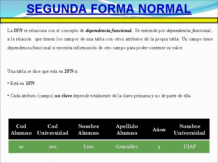 SEGUNDA FORMA NORMAL La 2 FN se relaciona con el concepto de dependencia funcional.