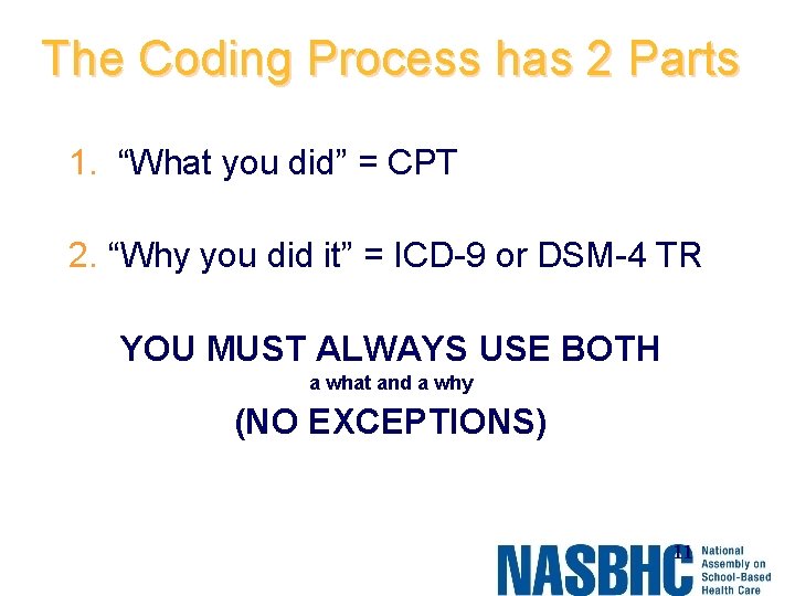 The Coding Process has 2 Parts 1. “What you did” = CPT 2. “Why