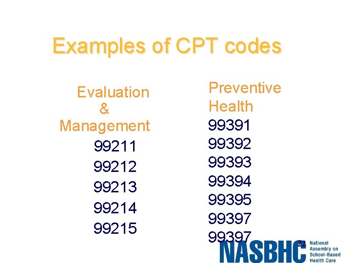 Examples of CPT codes Evaluation & Management 99211 99212 99213 99214 99215 Preventive Health