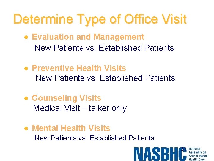 Determine Type of Office Visit l Evaluation and Management New Patients vs. Established Patients