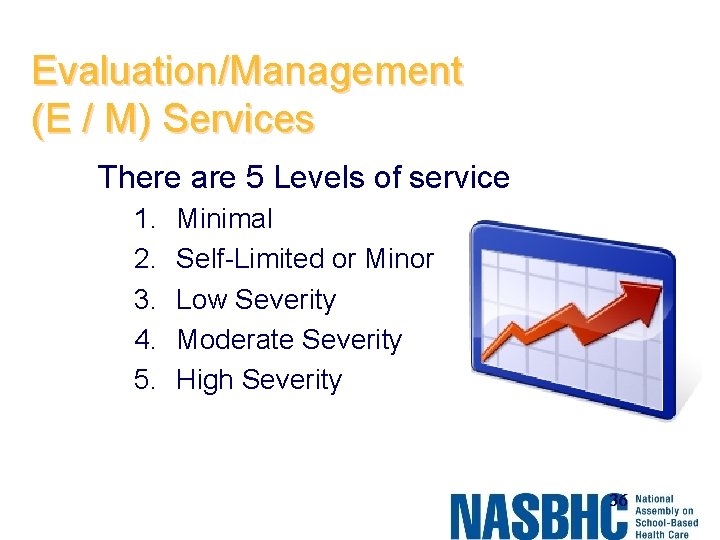 Evaluation/Management (E / M) Services There are 5 Levels of service 1. 2. 3.