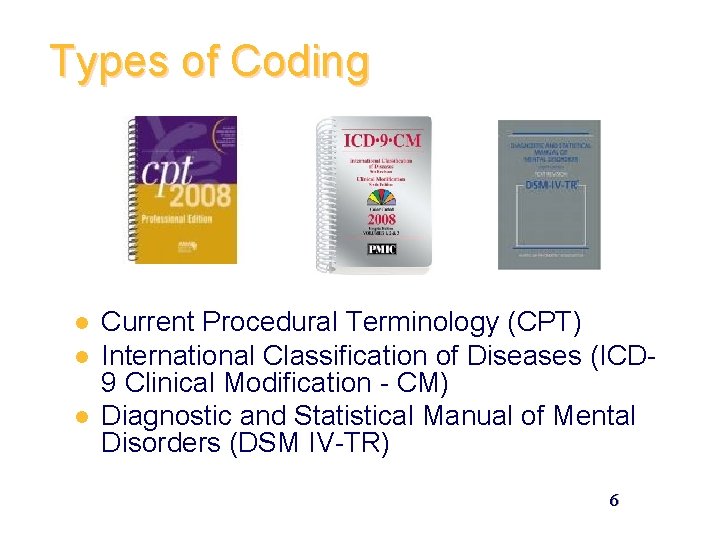 Types of Coding l l l Current Procedural Terminology (CPT) International Classification of Diseases